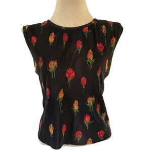Vtg Y2K 2000s Black Dark Floral Plisse Tank Top Sz XL Fairy Grunge Whimsygoth